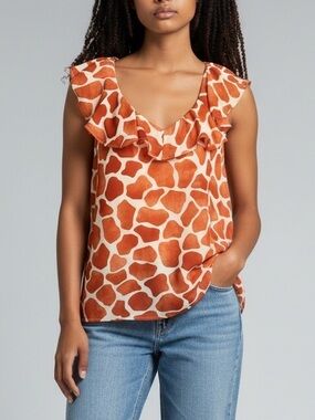 Ann Taylor Giraffe Print Ruffle Sleeveless Blouse Animal Print Career Chic Top